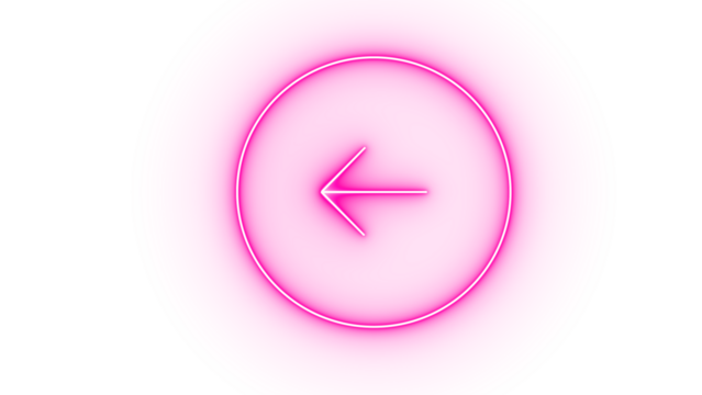 Pink neon left arrow in a circle isolated on transparent background, indicating direction, navigation, and a return or previous action in a modern style