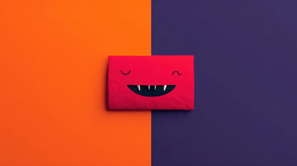Red envelope with cute monster face and fangs on split diagonal orange and purple background, playful minimalist style