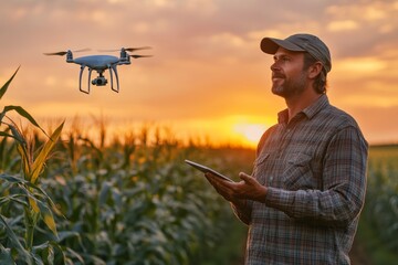 Farmer controlling drone over cornfield at sunset using tablet Agriculture