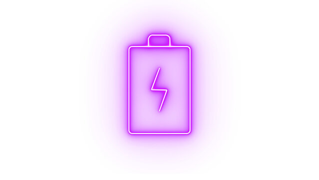 Neon purple battery icon isolated on transparent background, symbolizing energy, power, and charging, with a modern and vibrant design for technology themes