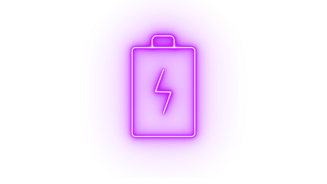 Neon purple battery icon isolated on transparent background, symbolizing energy, power, and charging, with a modern and vibrant design for technology themes