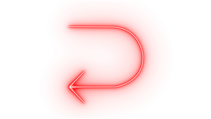 Neon red arrow isolated on transparent background, curved and pointing to the left, suggesting a return or rewind, with a bright, glowing outline