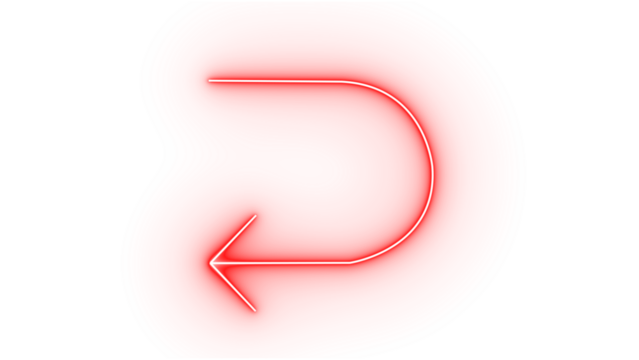 Neon red arrow isolated on transparent background, curved and pointing to the left, suggesting a return or rewind, with a bright, glowing outline