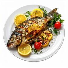 Grilled fish on a white plate, garnished with lemon slices, cherry tomatoes, and herbs