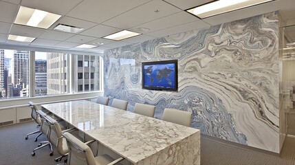 An elegantly designed conference room features a striking wall of swirling, pale blue and white stone, creating a dynamic backdrop for collaborative meetings and professional discussions.