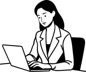 Black and white line art of a beautiful successful career woman working at desk with laptop illustration