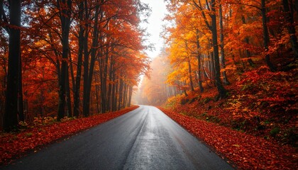 Dark autumn forest with rural road in fog at dusk. Fall trees with orange foliage. Landscape with woods, mountain road, colorful leaves, and mist. Travel. Nature background. Magical foggy forest