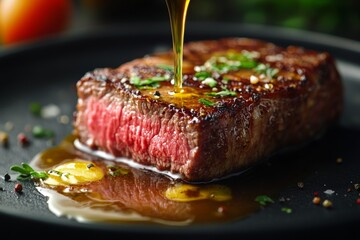 A juicy perfectly cooked steak seasoned with herbs and spices with oil being drizzled on top