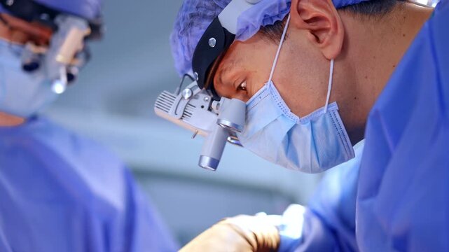 Surgeon focused on brain operation with surgical loupes. Medical professional wearing magnifying loupes performs neurosurgery. The doctor is fully concentrated on a delicate procedure.
