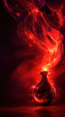 Dark red magical potion bottle with glowing swirling smoke, fantasy mystical atmosphere, enchanting and mysterious mood
