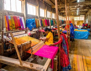 Fototapeta premium Workers weaving vibrant textiles in a large workshop