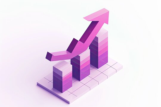 Isometric 3D rendering of a growth chart, showcasing upward trend via a pink arrow rising above layered bars on a gridded base against a white backdrop - Powered by Adobe