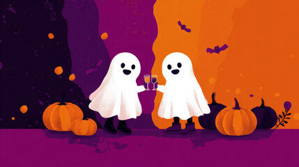 Two cute ghosts in white sheets toast with drinks, surrounded by pumpkins, bats, and festive purple and orange Halloween background