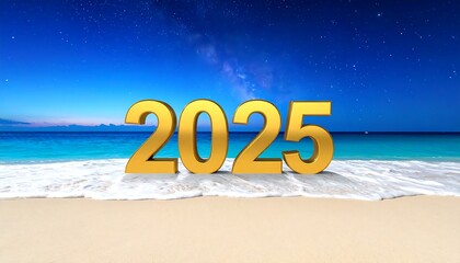 Golden "2025" on a sandy beach, ocean waves lapping, starry night sky backdrop