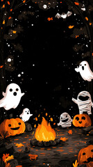 Cute ghost pumpkin mummy campfire autumn leaf cartoon spooky Halloween night forest scene with playful mood