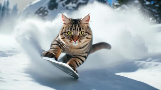 Cat snowboarder going down ski slope in winter, funny pet rides snowboard spraying snow powder. Concept of sport, resort, mountain, vacation