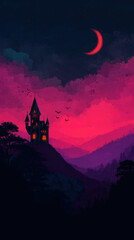 Gothic castle silhouette, glowing windows, crescent moon, purple to black sky, dramatic clouds, mysterious mood