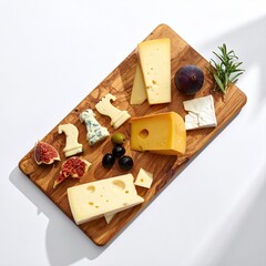 A rectangular olive wood board displays an assortment of cheeses, olives, figs, and rosemary sprigs, bathed in sunlight