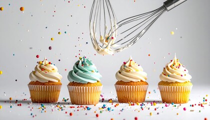 A whisk hovers above four frosted cupcakes,  drizzling icing while colorful sprinkles fall