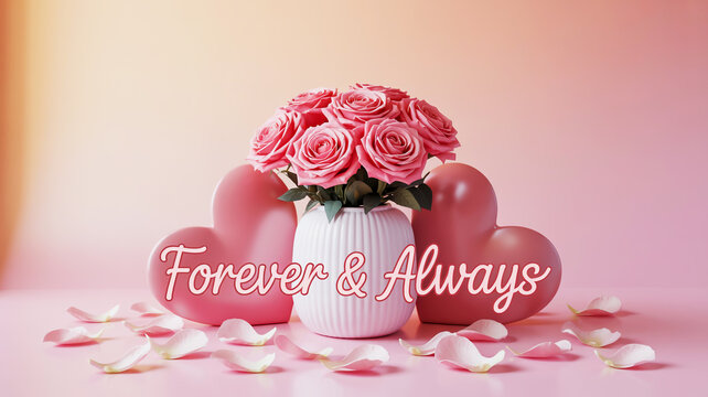 Pink Roses in White Vase with Heart Shapes and Petals Forever and Always Message Keywords: roses, pink roses, bouquet, flowers, floral, vase, white vase, ribbed vase, heart