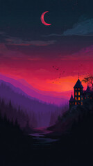Mysterious castle silhouette glowing windows purple mountains red sky crescent moon dramatic fantasy night landscape