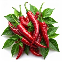 A vibrant pile of glossy red chili peppers nestled amongst lush green leaves, isolated on a stark white background