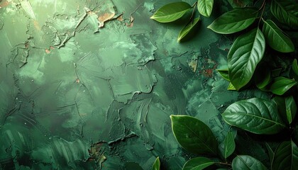 Lush green leaves arranged on a textured, dark green background, creating a vibrant, natural scene