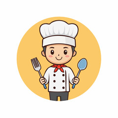 Cartoon chef holding a fork and spoon in front of a yellow circle.