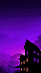 Silhouette house glowing windows purple gradient night sky crescent moon tranquil starry forest peaceful digital art