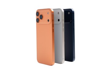 Three cell phones are lined up on a white background