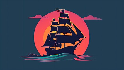 Silhouette of a three-masted sailing ship at sunset, set against a stylized sun and simple wave design
