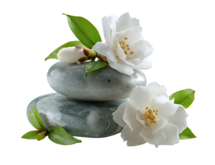 White flowers atop gray stones