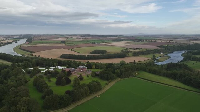 Paxton House over River Tweed from a drone, Paxton, Berwick-upon-Tweed, Berwickshire, Scotland, UK