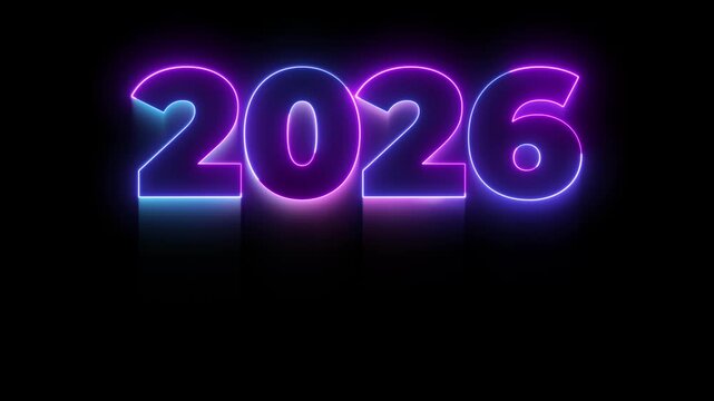 Neon glowing light 2026 number looped animation on black background. Bright pink blue laser line 2026 happy new year. Retrofuturism Cyberpunk new year,  style seamless loop. Cosmic vibrant color