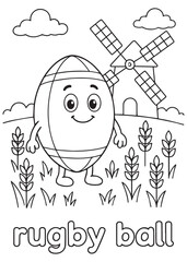 coloring book rugby ball standing near windmill field cartoon illustration