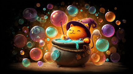Playful wizard cat brewing magical tea in cauldron, surrounded by colorful bubbles, fantasy, cheerful, whimsical, glowing, cute