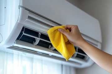 Hand cleaning air conditioner unit with yellow microfiber cloth Maintenance