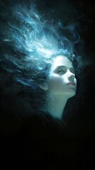 Fototapeta premium mystical woman radiating light, nebula-like hair extending into the void, glowing skin, surreal darkness