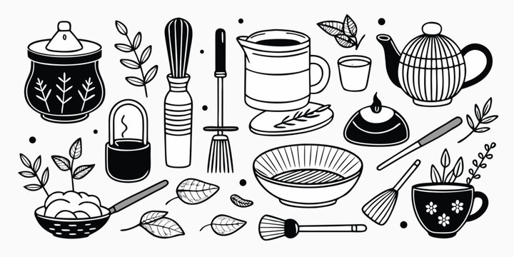 Vintage tea and coffee time kitchenware collection including teapot sugar bowl and whisk