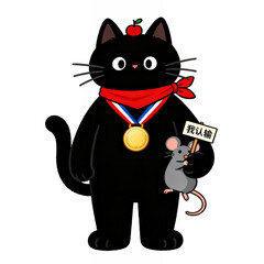 Fototapeta premium A playful black cat with a medal, holding a mouse with a sign.