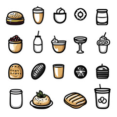 Collection of food and beverage icons on transparent background