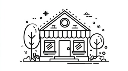 Simple, outlined drawing of a small shop building with trees and landscaping