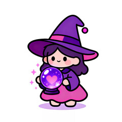 Cute girl in a purple witch hat holding a crystal ball with sparkles.