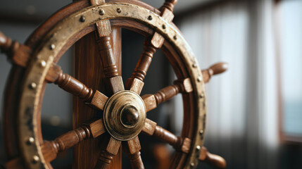 Obraz premium Close up of a steering wheel of the ship made of a wood. wooden rudder on a sailing ship. 