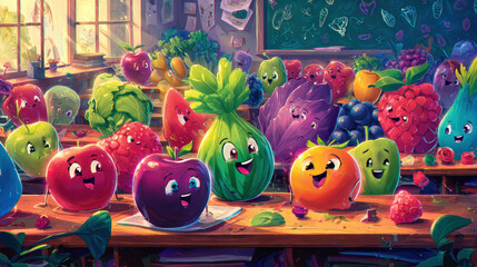 Cheerful fruit and vegetable characters fill colorful classroom, smiling and interacting in lively, fantasy school scene
