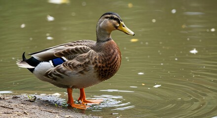 Fototapeta premium Duck Leg Visible While Bird Stands Near Pond Symbolizing Natural Farm Lifestyle and Countryside Charm