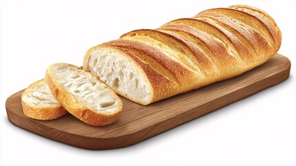 of a rustic sourdough loaf sliced open to show crumb texture, golden crust, placed on a wooden board, isolated on clean white background sourdough, loaf, bread, crumb, crust, slice, cutting 
