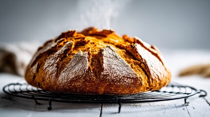 baked sourdough loaf cooling on a wire rack, steam rising, golden crust and artisanal scoring visible, illustrated on white background sourdough, loaf, cooling, wire rack, baking, bread, crust, 