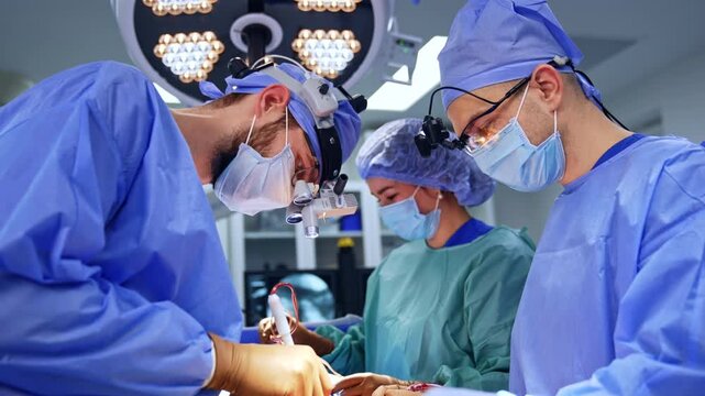Surgeons focused during complex neurosurgical procedure. Surgeons focused during a complex neurosurgical procedure in the operating theater.