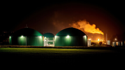 a rural farm biogas installation, digester domes, and a distant wind turbine.